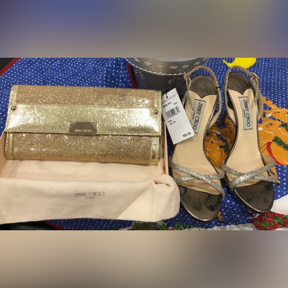 Jimmy Choo Gold bag $500 w shoulder straps. Jimmy Choo shoes see the heals $275